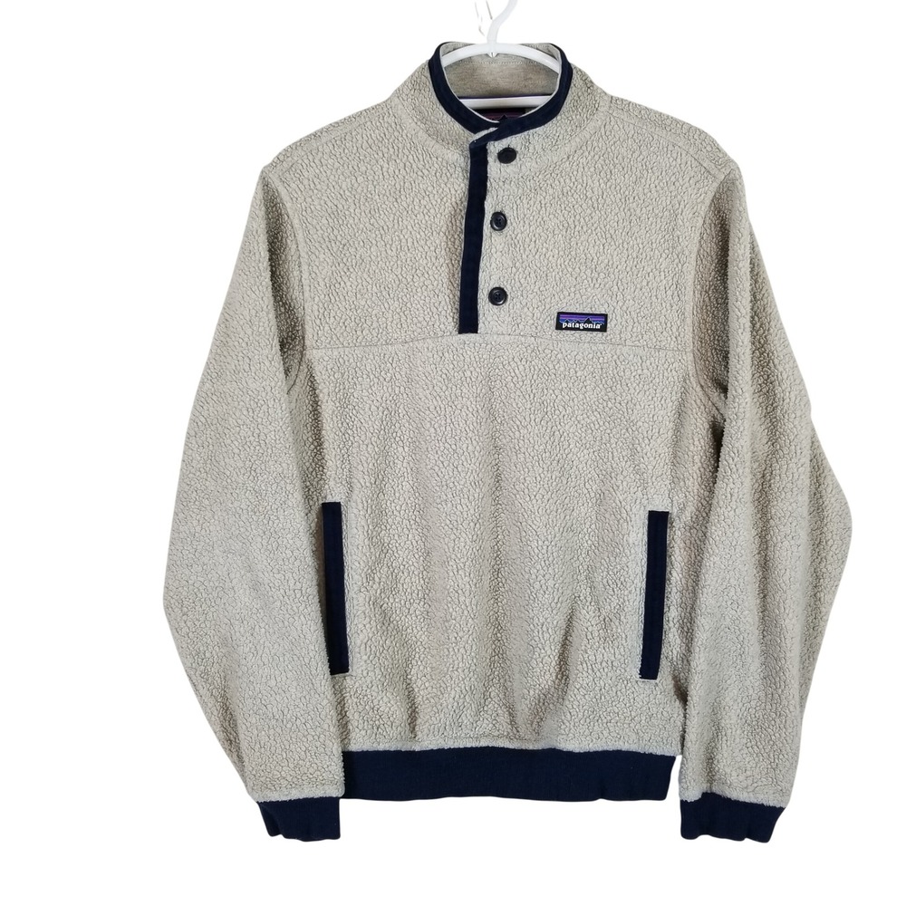 Patagonia Synchilla Snap-T Pullover Men Small Oatmeal Navy Blue Fleece